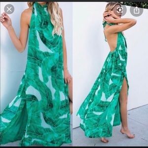 OLIVACEOUS GREEN PALM PRINT MAXI DRESS